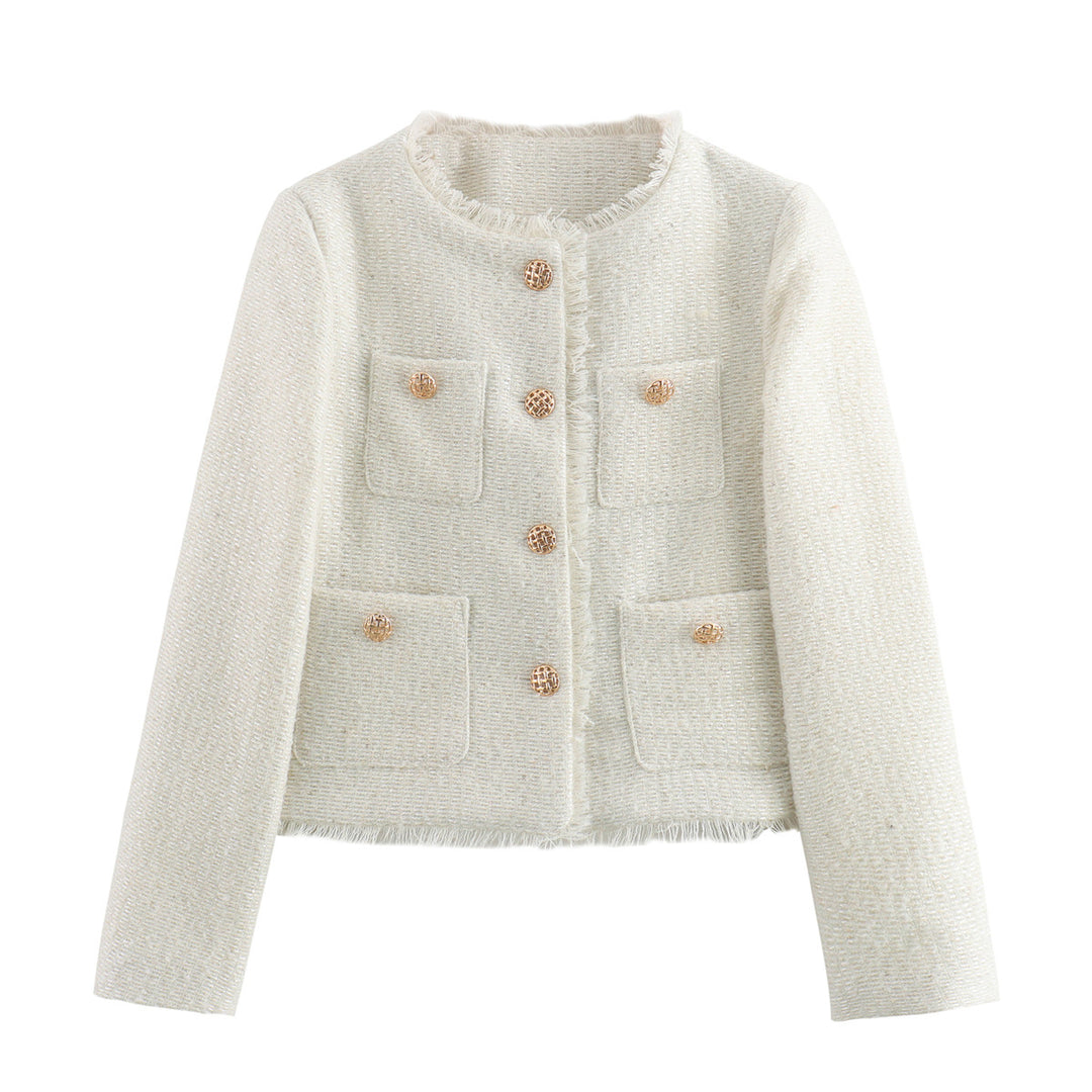 Damen elegante Tweedjacke mit Fransen und praktischen Taschen EB