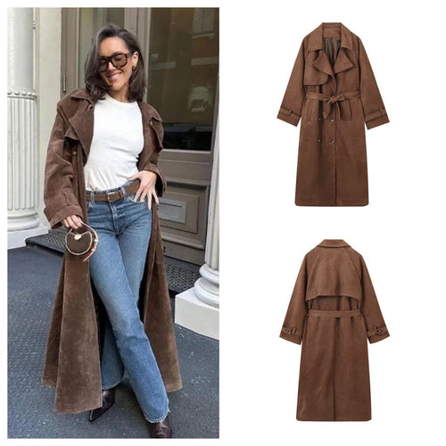 Damen elegante Suede Trenchcoat EB