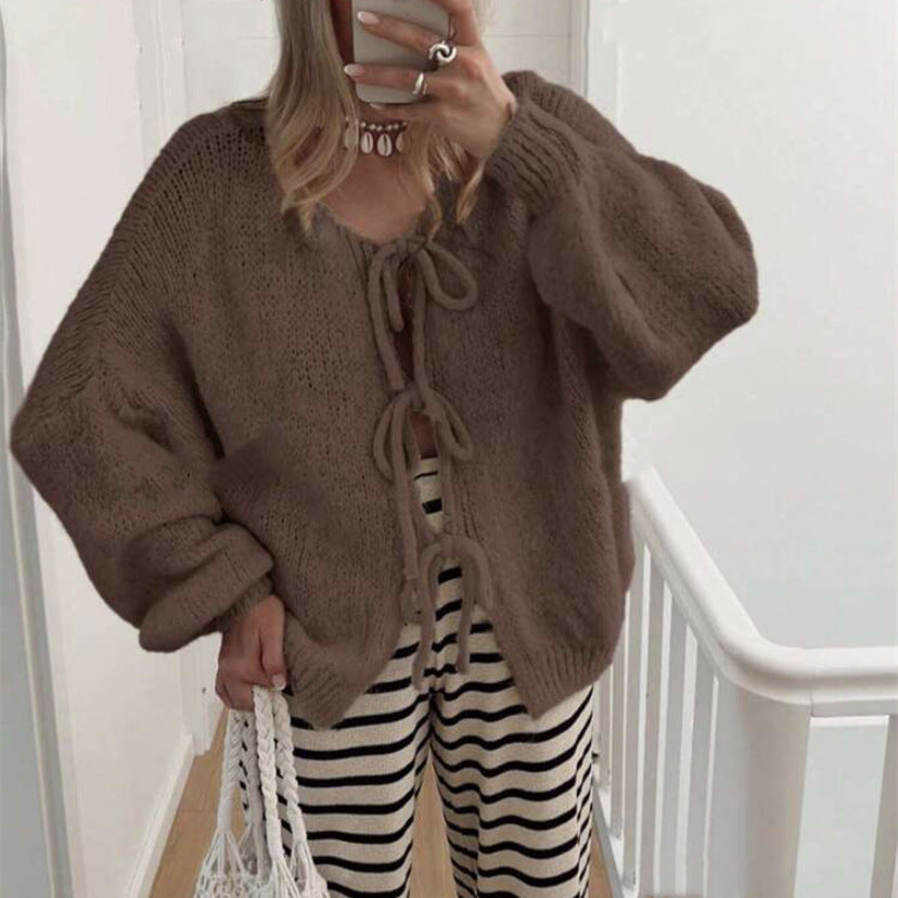 Damen Grobgestrickter Offener Cardigan mit Bindebändern, Oversize‑Silhouette und Raglanärmeln EB