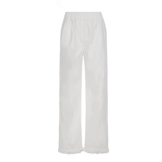 Damen Weite Baumwollhose mit elastischem Bund und femininen Fransen EB