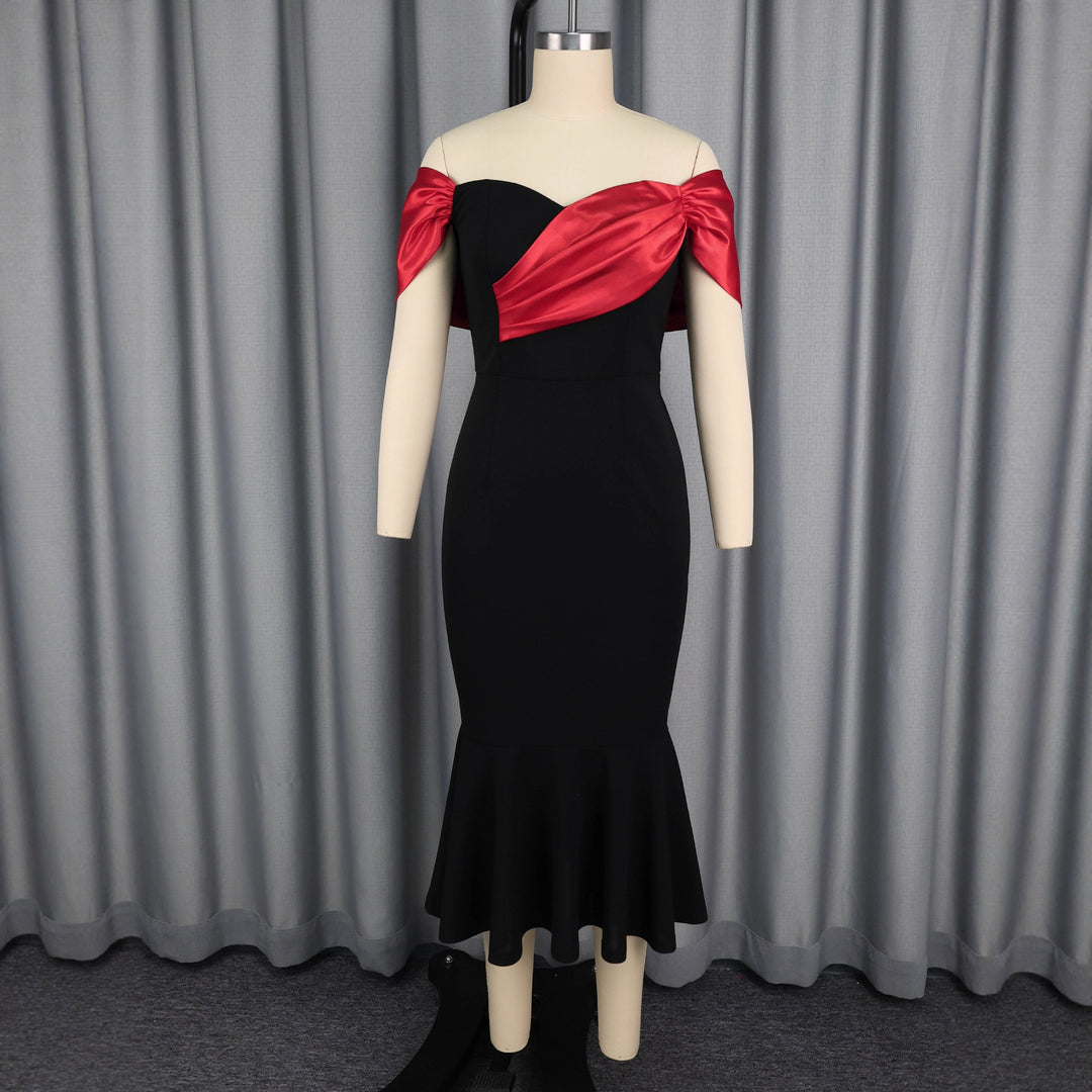 Damen elegantes schulterfreies Maxikleid mit voluminösen Rüschen EB