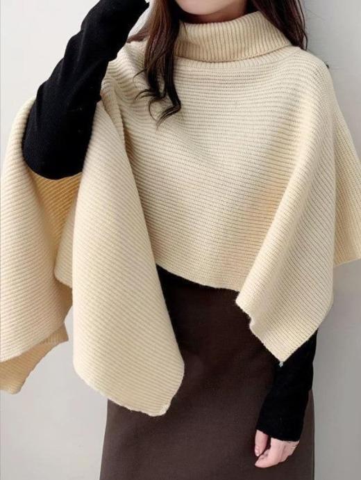 Damen Strickponcho mit hohem Kragen und asymmetrischem Schnitt EB