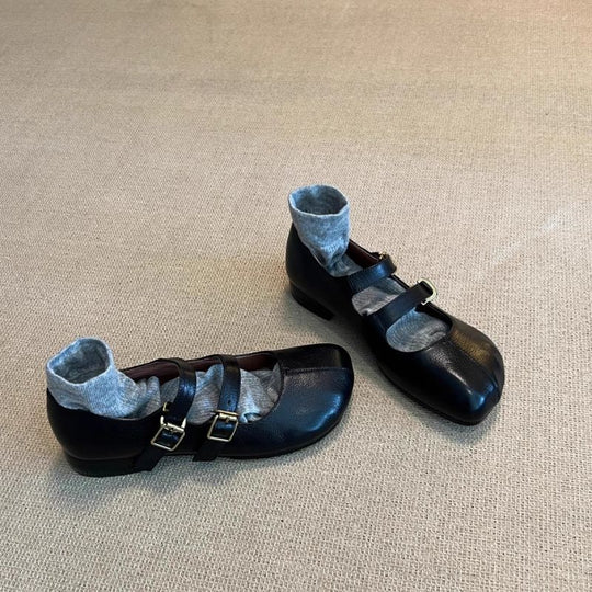 Damen elegante Ballerinas mit doppeltem Schnallenverschluss und veganer Lederoberfläche EB