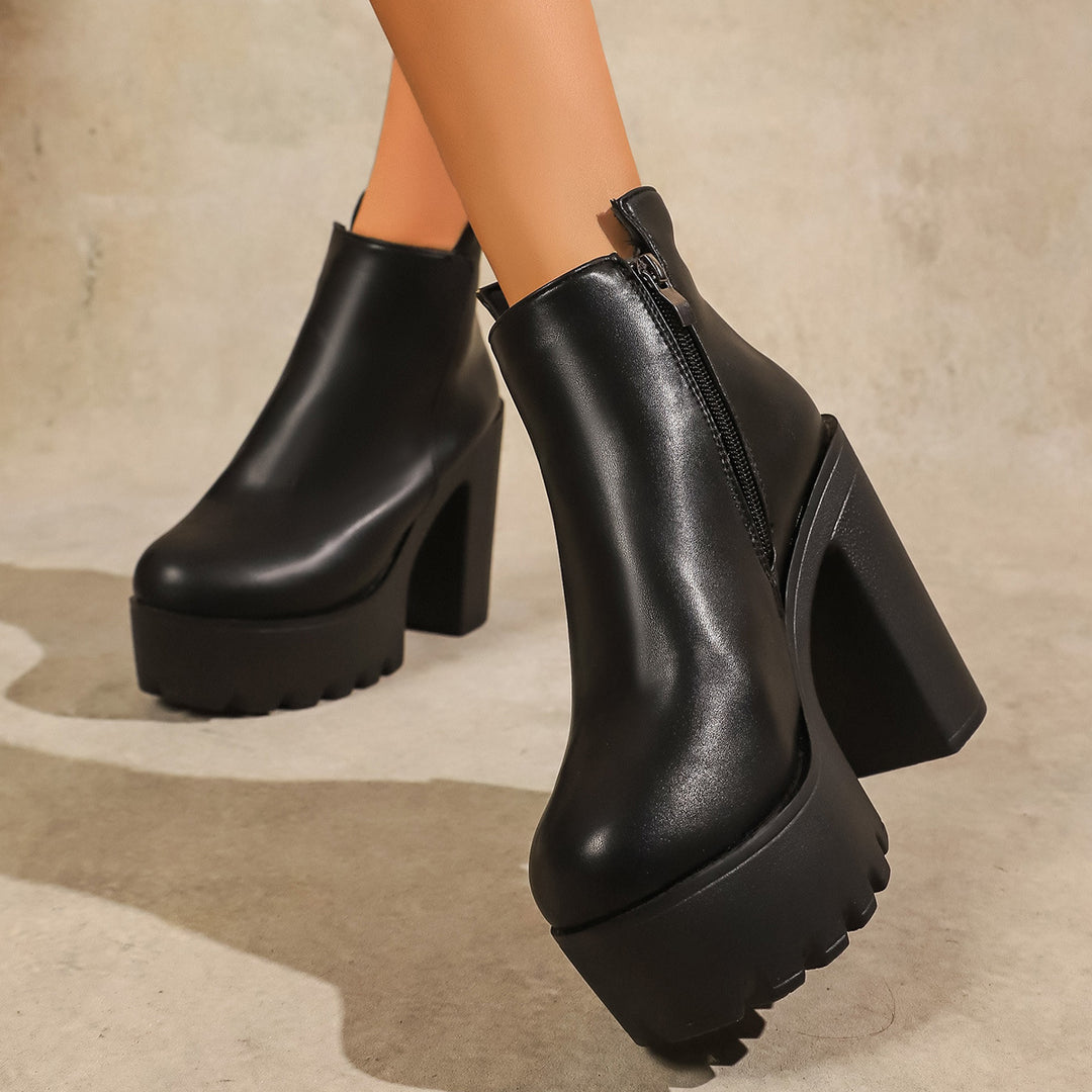 Damen Modische Plateau Stiefeletten mit markantem Blockabsatz und Reißverschluss EB