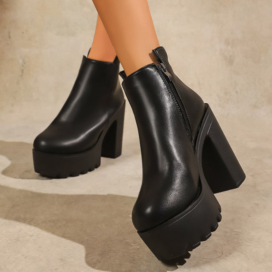 Damen Modische Plateau Stiefeletten mit markantem Blockabsatz und Reißverschluss EB