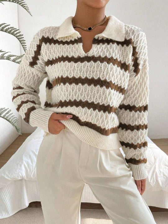 Damen Strickpullover im lässigen Stil mit strukturiertem V-Ausschnitt und hellen Akzenten EB