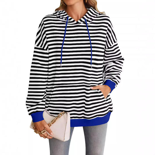 Damen gestreifter Kapuzenpullover mit stylischer Kängurutasche EB