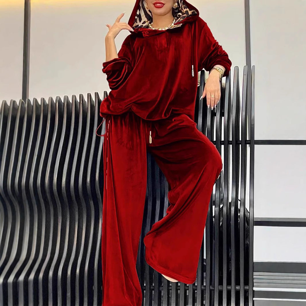 Damen Sportliches Loungewear-Set aus weichem Velours mit Kapuze EB