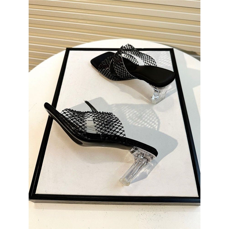 Damen transparente Mules mit schickem Netzdesign EB