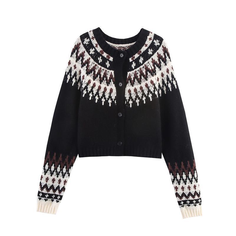 Damen gestrickte Winterjacke mit traditionellem Muster und Knöpfen EB