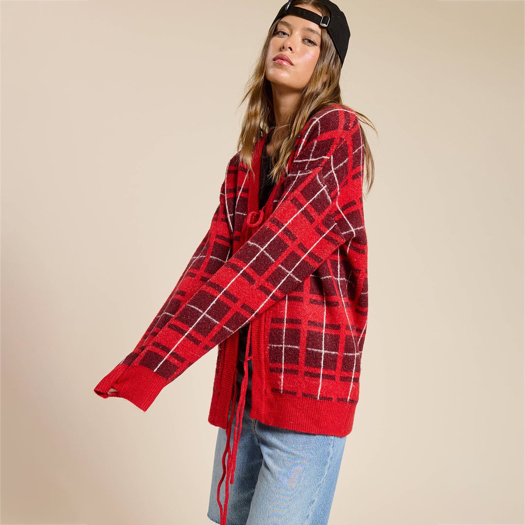 Damen Oversize Karierter Strickcardigan mit Bindegürtel & aufgesetzten Taschen EB