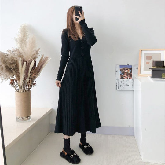 Damen Strickkleid mit Knopfverschluss und gerippter Struktur EB