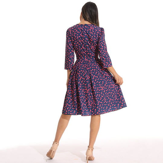 Damen elegantes Midikleid mit floralem Muster und schwingendem Rock EB