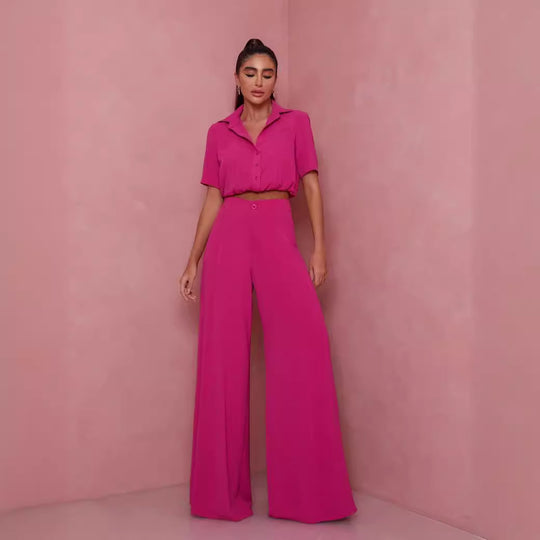 Damen Elegantes Kurzarm-Blusen und Palazzo-Hosen-Ensemble EB