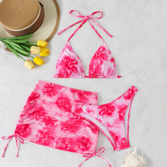 Damen Triangel-Bikini-Set mit verstellbaren Trägern und floralem Wickelrock EB