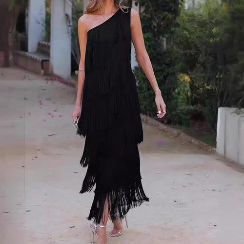 Damen Fransen Maxikleid mit asymmetrischem Schnitt und elegantem Detail EB