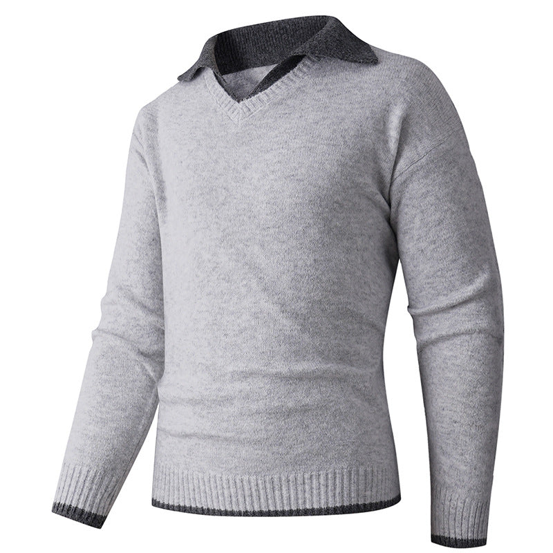 Herren V-Ausschnitt Pullover mit hochwertiger Textur und kontrastierendem Kragen EB