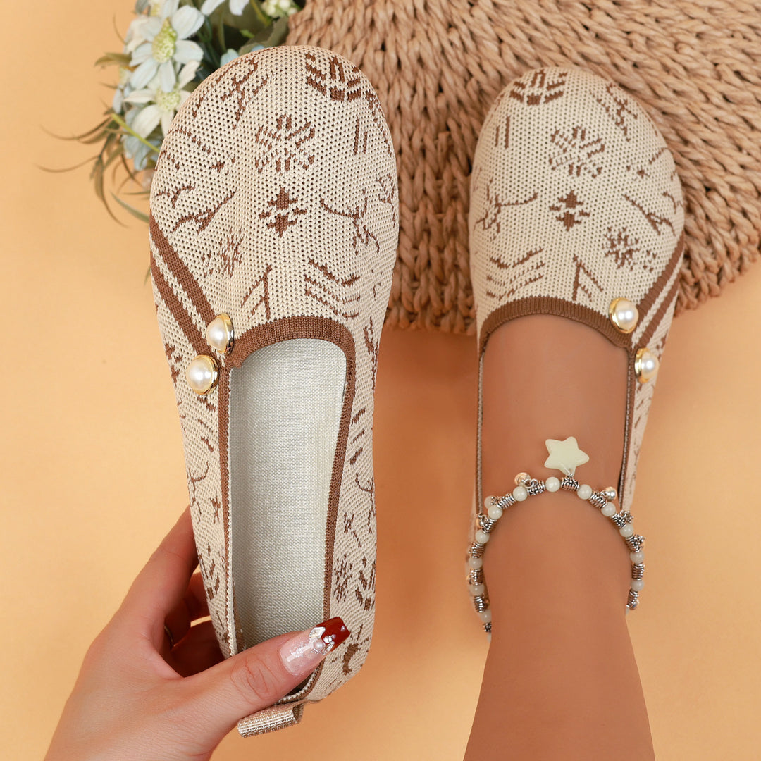 Damen Ballerinas mit modischem Ethno-Muster und dekorativen Perlen EB