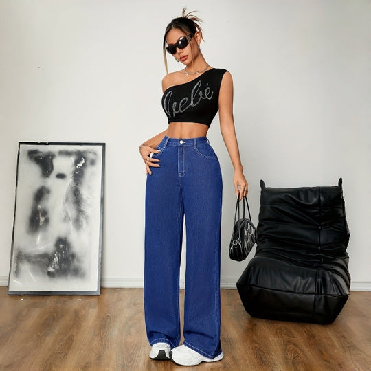 Damen Weite Denim-Hose mit hohem Bund und lässigem Schnitt EB