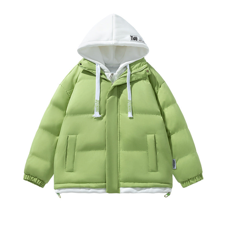 Unisex kurz geschnittene gesteppte Pufferjacke mit zweilagiger Kontrastkapuze EB