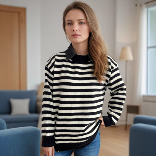 Damen lässiger Pullover mit strukturellem Streifenmuster und modischem Kragen EB