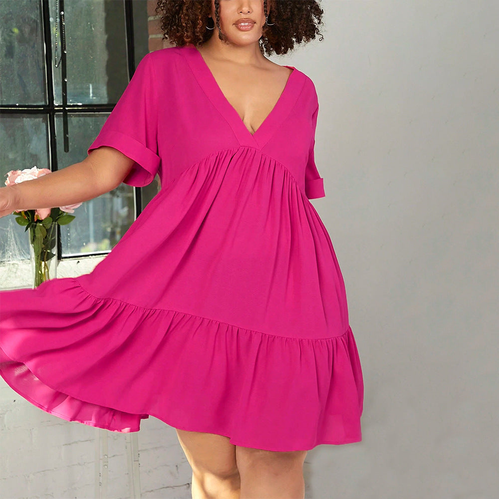 Damen lässiges Sommerkleid mit V-Ausschnitt und schwingendem Saum EB