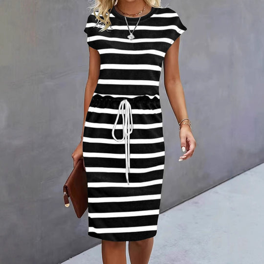 Damen Freizeitleinenkleid mit bunten Streifen und verstellbarem Taillenzug EB