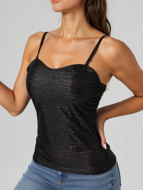 Damen elegantes Spaghettiträgershirt mit luxuriösem Paillettenbesatz und feinem Rippstrick EB