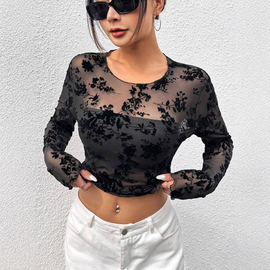 Damen Transparente Bluse mit floralem Design und feinen Spitzenakzenten EB