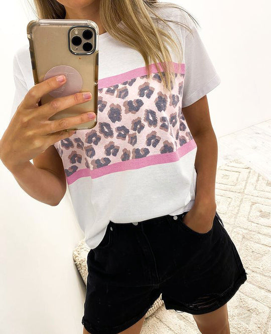 Damen T-Shirt mit modernem Leopardenmuster und elastischem Saum EB