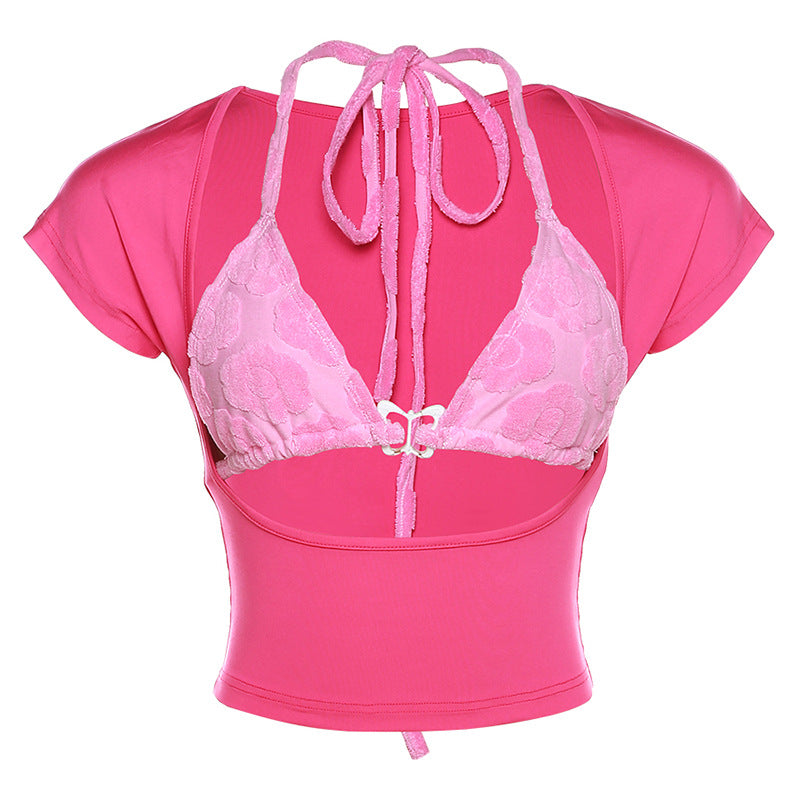 Damen Crop Top mit verspieltem Aquarell-Design und regulierbarem Ausschnitt EB