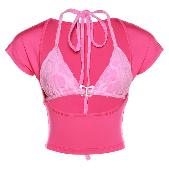 Damen Crop Top mit verspieltem Aquarell-Design und regulierbarem Ausschnitt EB