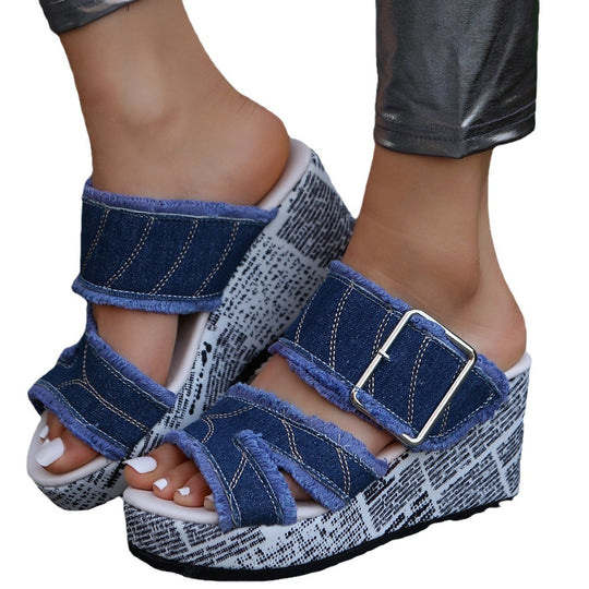 Damen Wedge-Pantoletten mit trendigem Jeans-Design und verstellbarem Riemen EB