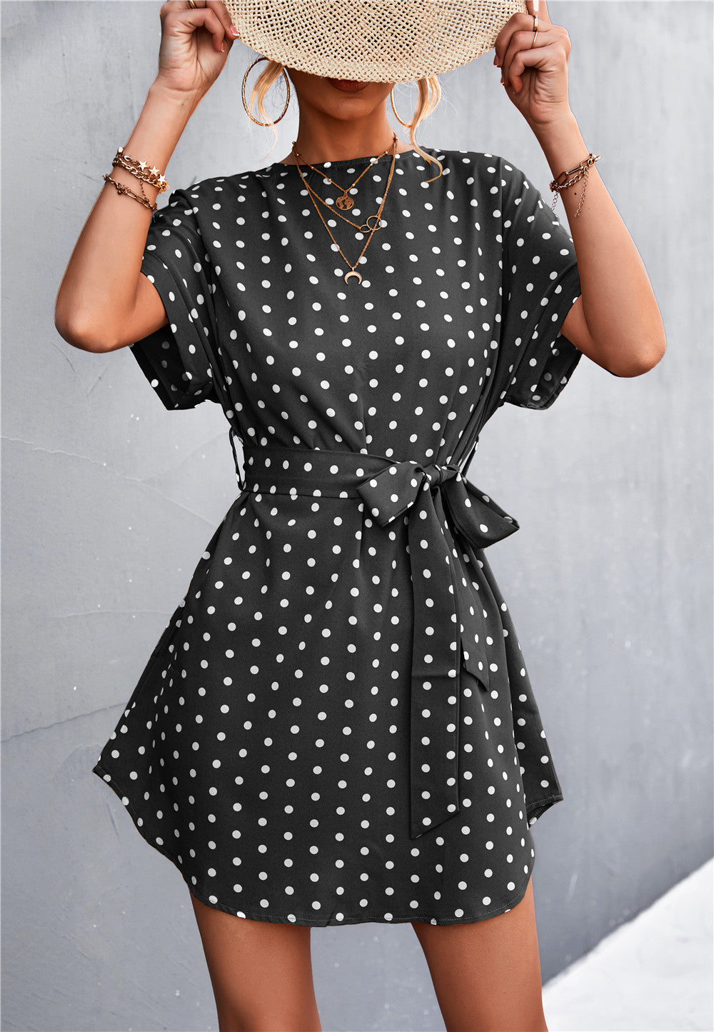 Damen Freizeitkleid mit modischem Punkte-Muster und Taillengürtel EB