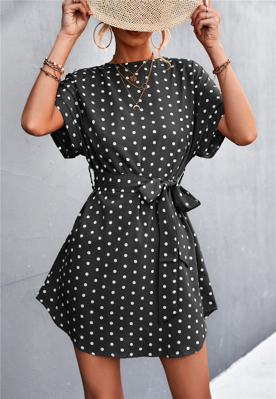 Damen Freizeitkleid mit modischem Punkte-Muster und Taillengürtel EB