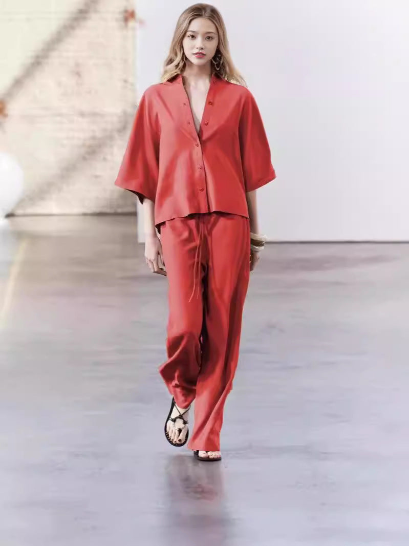 Damen elegantes Blusen und Hose Ensemble aus atmungsaktivem Stoff EB