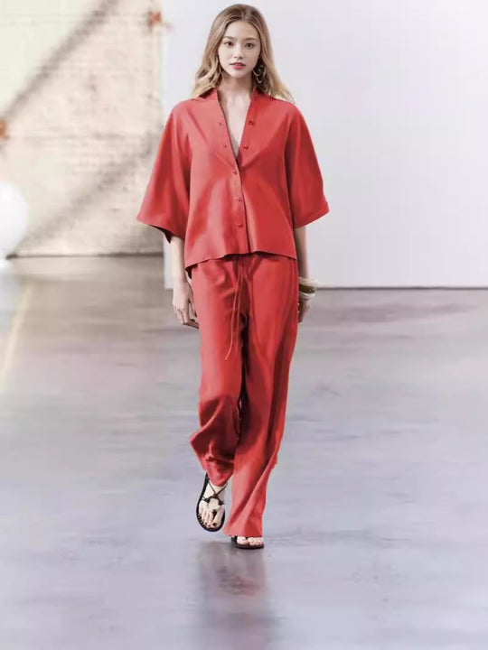 Damen elegantes Blusen und Hose Ensemble aus atmungsaktivem Stoff EB