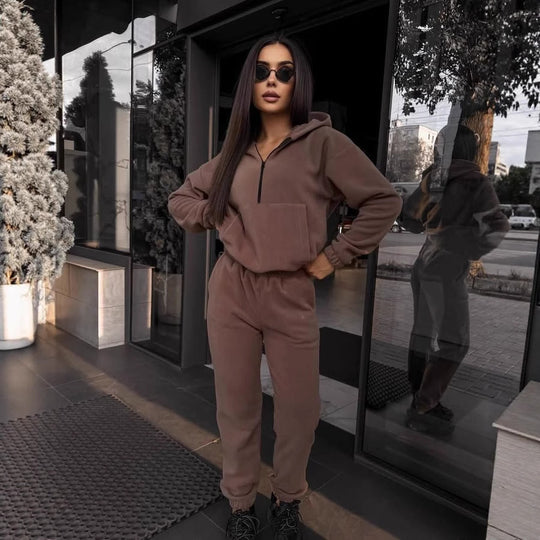 Damen sportliches Fleece-Set mit halbhohem Reißverschluss Kapuzenhoodie und lässiger Jogginghose EB