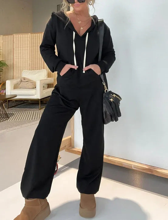 Damen Lässiger Hoodie-Jumpsuit mit tiefem V-Ausschnitt und praktischen Taschen EB