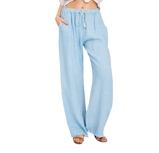 Damen nan weite Leinenhose mit elastischem Bund Kordelzug und Seitentaschen EB