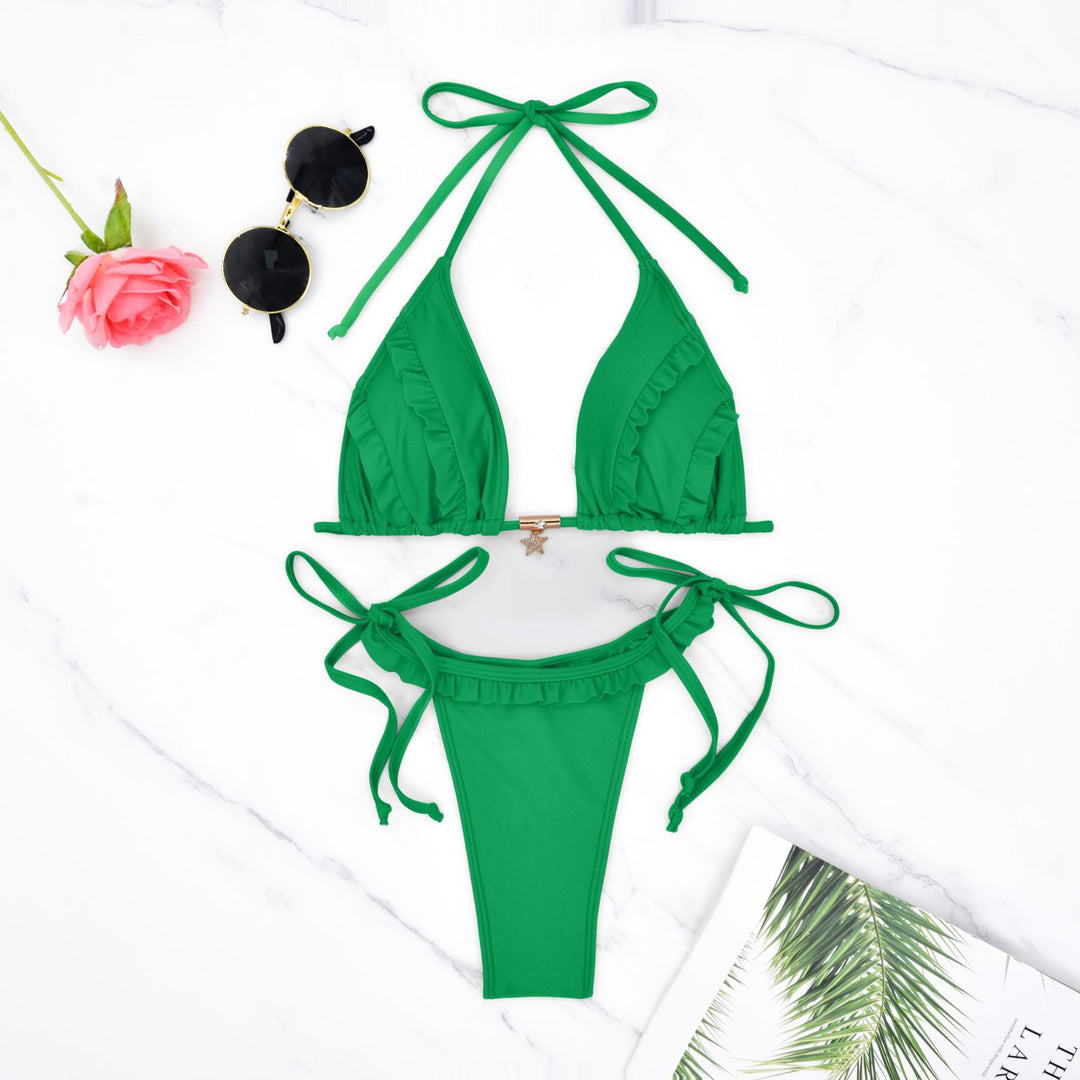 Damen Triangel-Bikini mit Rüschendetails und verstellbaren Bindebändern EB
