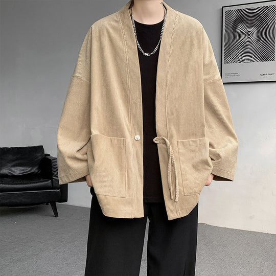 Herren nan oversized Cord-Kimono-Cardigan mit Kordelzug, aufgesetzten Taschen und Tropfenärmeln EB