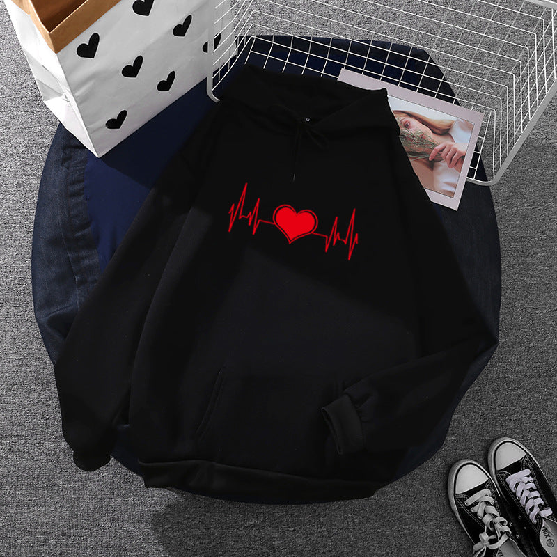 Unisex nan oversized Kapuzenpullover mit Herz-EKG-Print und Kängurutasche EB