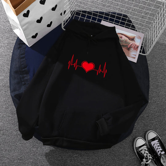 Unisex nan oversized Kapuzenpullover mit Herz-EKG-Print und Kängurutasche EB