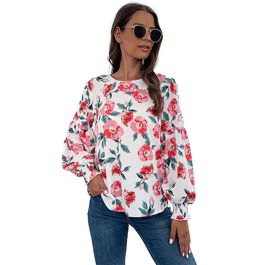 Damen Bluse mit floralen Mustern und voluminösen Ärmeln EB