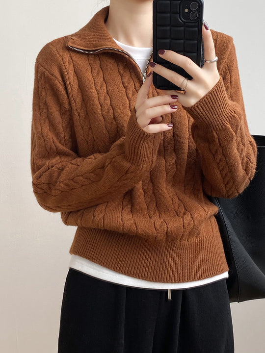 Damen Kuscheliger Strickpullover mit Stehkragen und Zopfdesign EB