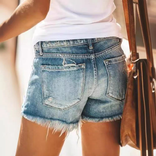Damen trendige Destroyed Denim-Shorts mit ausgefransten Säumen und modischen Rissdetails EB