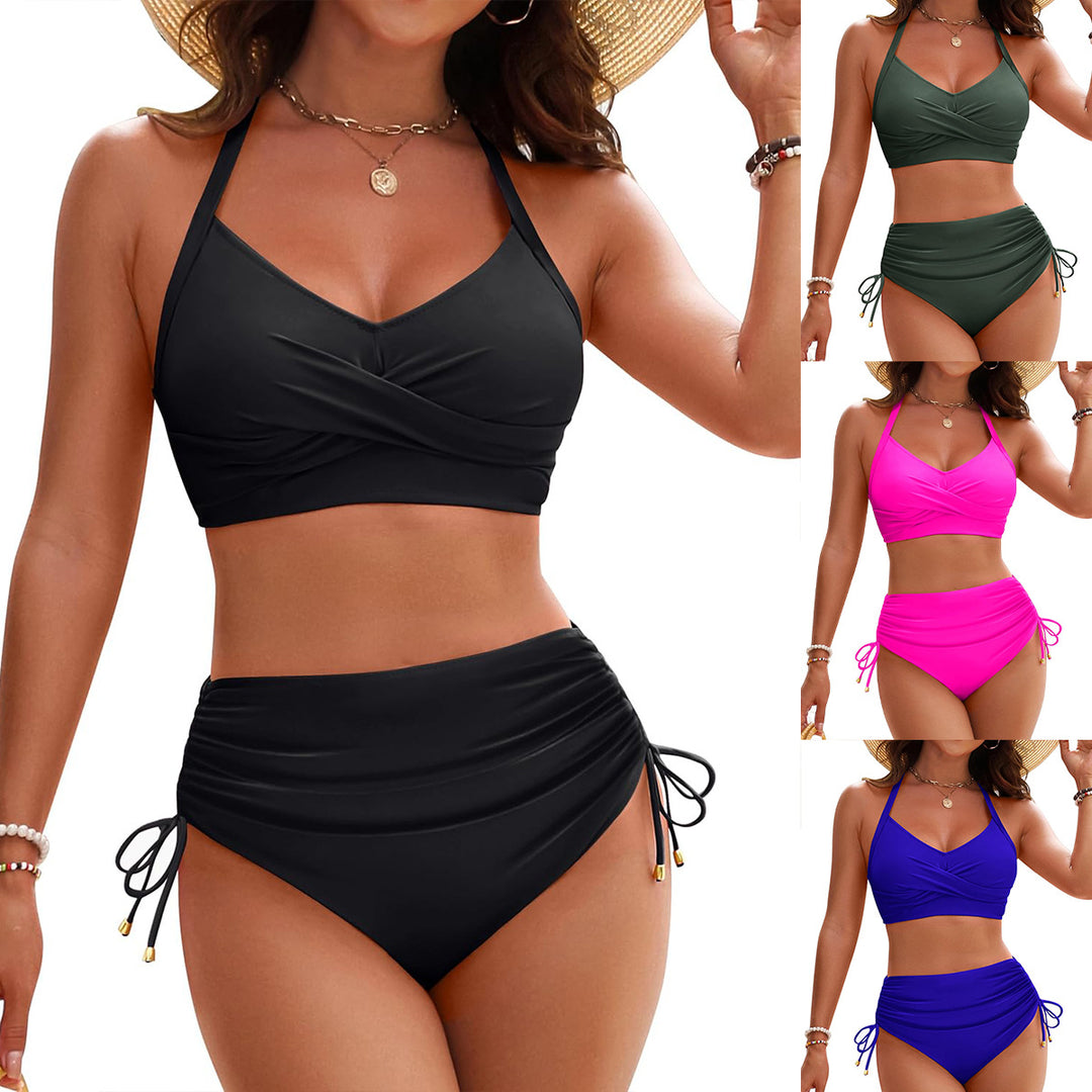 Damen Hochtailliertes Bikini-Set mit elegantem Wickeldesign und verstellbaren Trägern EB