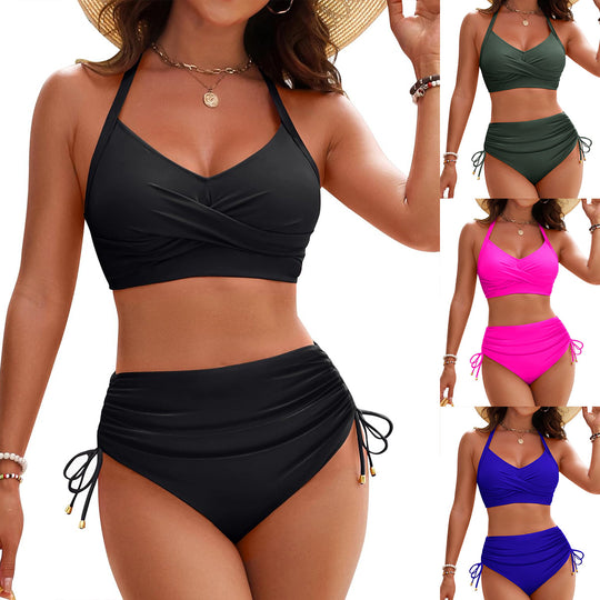 Damen Hochtailliertes Bikini-Set mit elegantem Wickeldesign und verstellbaren Trägern EB