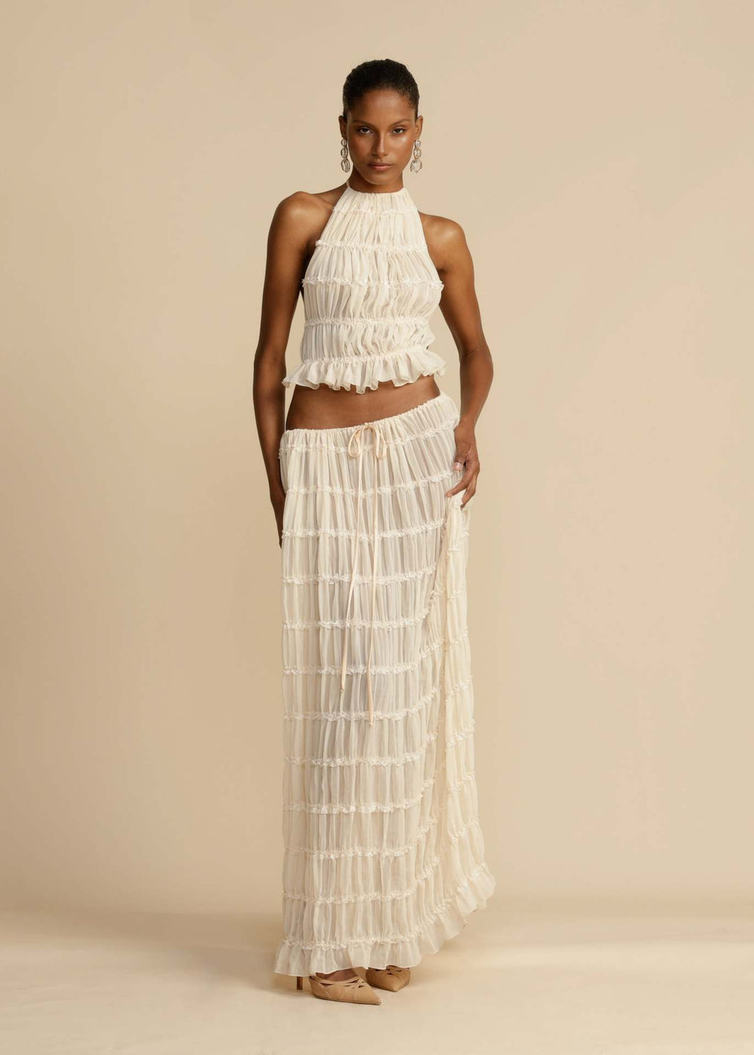 Damen Elegantes und verspieltes Zweiteiliges Sommerkleid mit gerafftem Oberteil und fließendem Rock EB